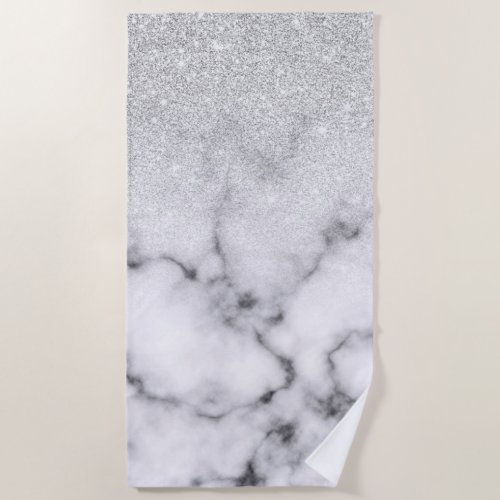 Glamorous Silver White Glitter Marble Gradient Beach Towel
