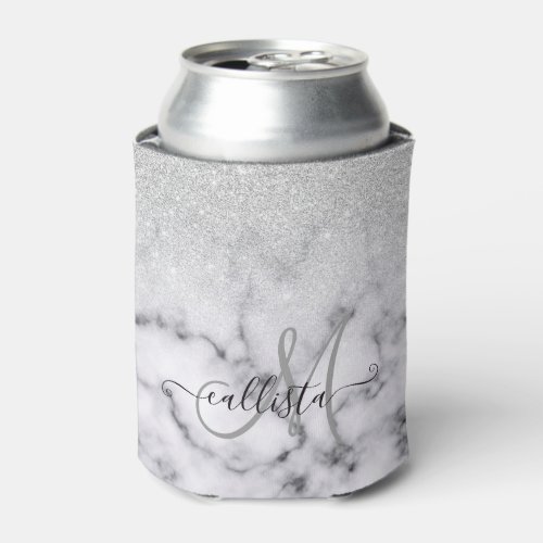 Glamorous Silver White Glitter Marble Gradient Can Cooler