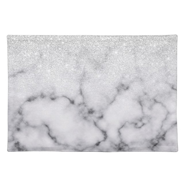 Glamorous Silver White Glitter Marble Gradient Cloth Placemat (Front)