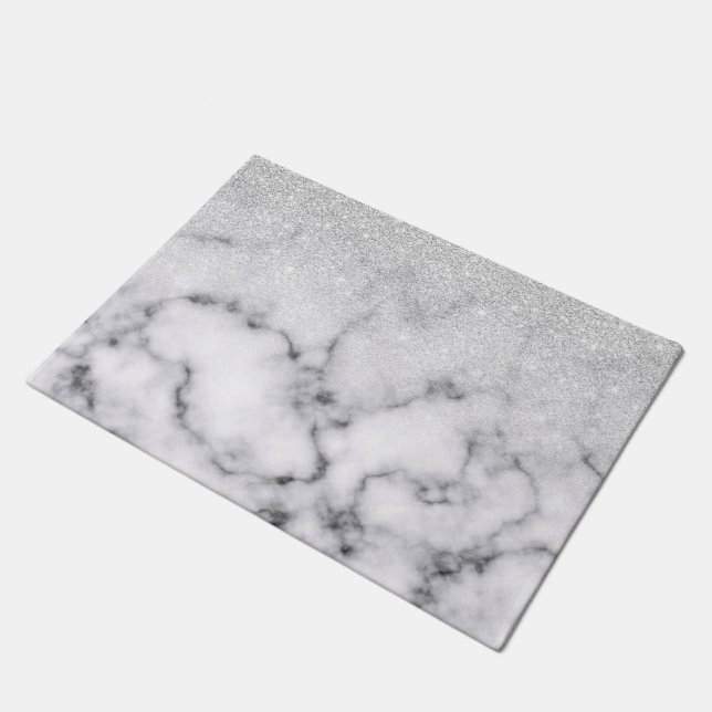 Glamorous Silver White Glitter Marble Gradient Doormat (Angled)