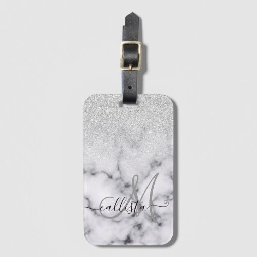Glamorous Silver White Glitter Marble Gradient Luggage Tag