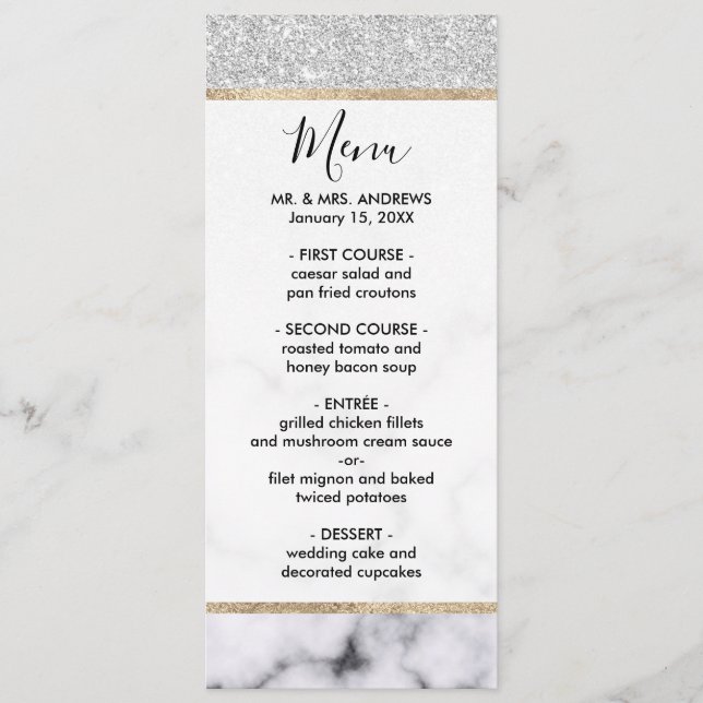 Glamorous Silver White Glitter Marble Gradient Menu (Front)