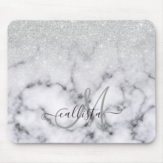 Glamorous Silver White Glitter Marble Gradient Mouse Pad (Front)