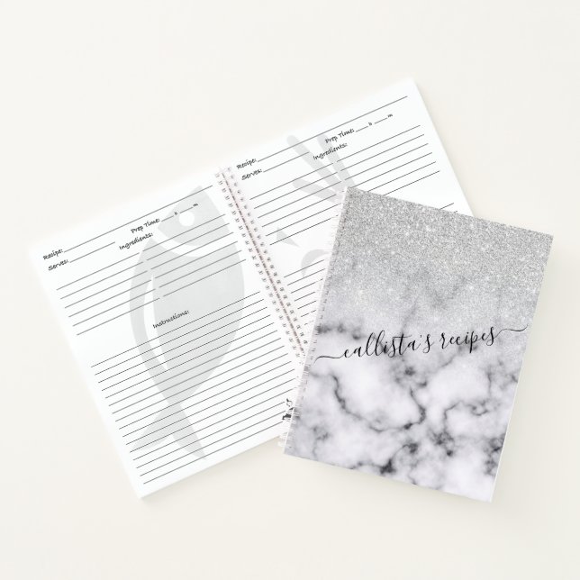 Glamorous Silver White Glitter Marble Gradient Notebook (Inside)