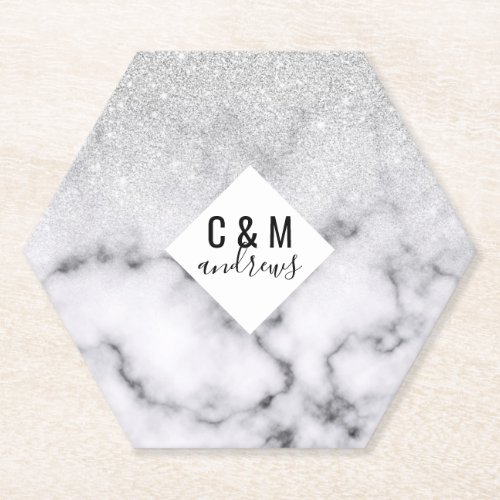 Glamorous Silver White Glitter Marble Gradient Paper Coaster