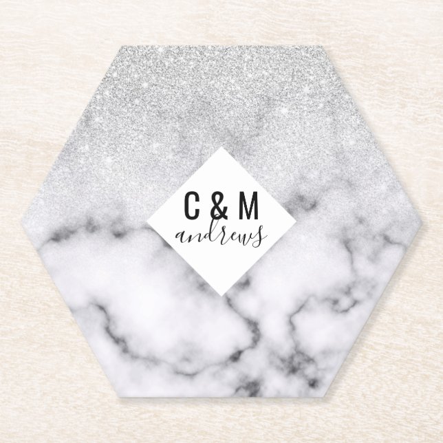 Glamorous Silver White Glitter Marble Gradient Paper Coaster (Front)