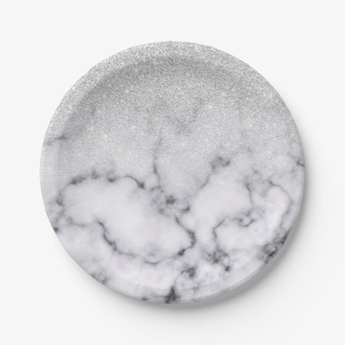 Glamorous Silver White Glitter Marble Gradient Paper Plates