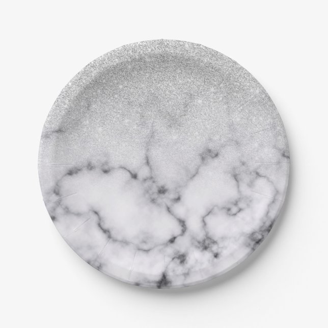 Glamorous Silver White Glitter Marble Gradient Paper Plates (Front)