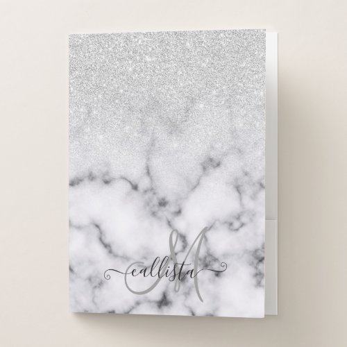 Glamorous Silver White Glitter Marble Gradient Pocket Folder