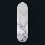 Glamorous Silver White Glitter Marble Gradient Skateboard<br><div class="desc">This elegant and girly design perfect for the trendy and stylish fashionista. It features a faux printed silver sparkly glitter ombre gradient on top of a black and white marble stone pattern background. It's glamorous, chic, luxurious, modern, and classy. ***IMPORTANT DESIGN NOTE: For any custom design request such as matching...</div>