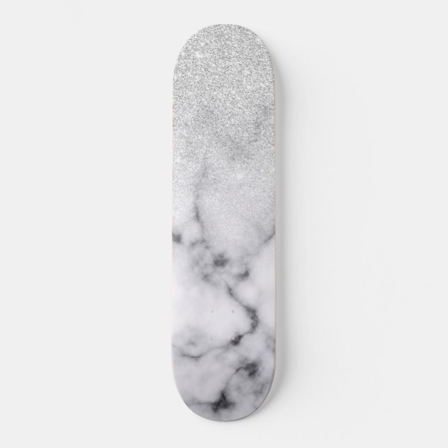 Glamorous Silver White Glitter Marble Gradient Skateboard (Front)