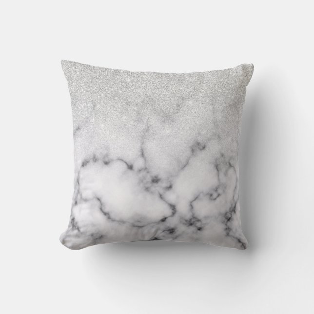 Glamorous Silver White Glitter Marble Gradient Throw Pillow (Front)