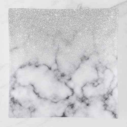 Glamorous Silver White Glitter Marble Gradient Trinket Tray
