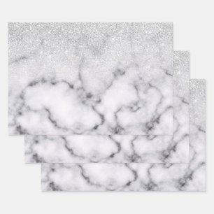 Glamorous Silver White Glitter Marble Gradient Wrapping Paper Sheets