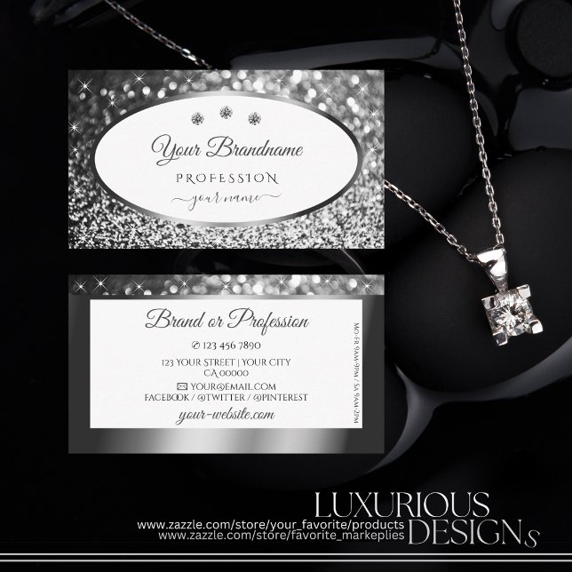 Glamorous Silver White Sparkle Glitter Diamonds Business Card (Creator Uploaded)