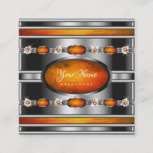 Glamorous Silver with Orange Marble and Diamonds Square Business Card