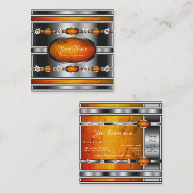 Glamorous Silver with Orange Marble and Diamonds Square Business Card (Front/Back)