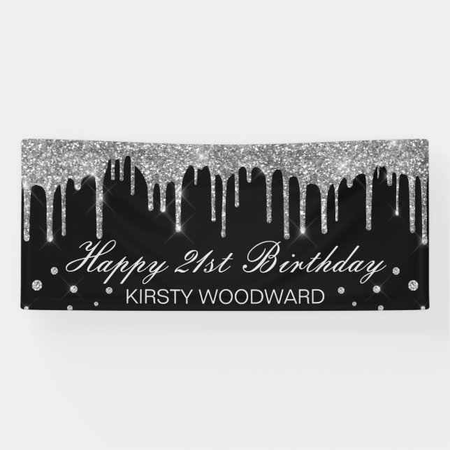 Glamorous Sivler Dripping Glitter Birthday Banner (Horizontal)