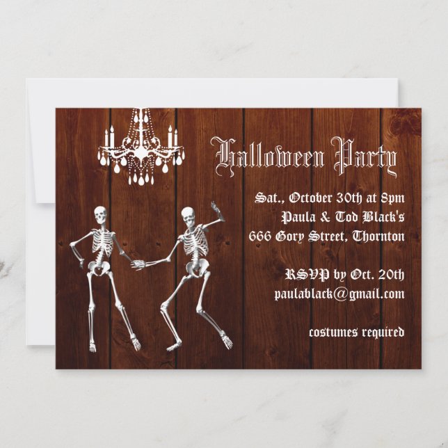 Glamorous Skeletons on Wood Halloween Invitation (Front)