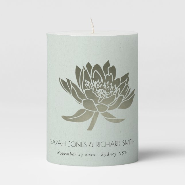 GLAMOROUS SKY BLUE SILVER LOTUS SAVE THE DATE GIFT PILLAR CANDLE (Front)