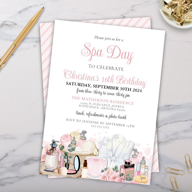 Glamorous Spa Day Teen Tween Adult Bridal Birthday Invitation (glamorous girls tween teen bridal birthday party invitation for makeup pamper me party)