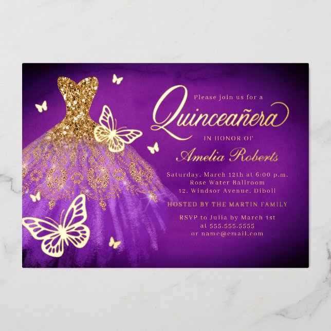 Glamorous Sparkle Dress Butterfly Quinceanera  Foil Invitation (Front)