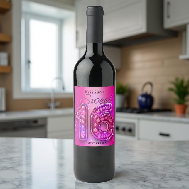 Glamorous Sparkling Hot Pink Gemstone Sweet 16 Wine Label (Creator Uploaded)