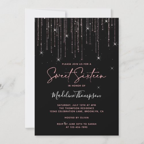 Glamorous Sparkling Rose Gold Black Sweet Sixteen Invitation