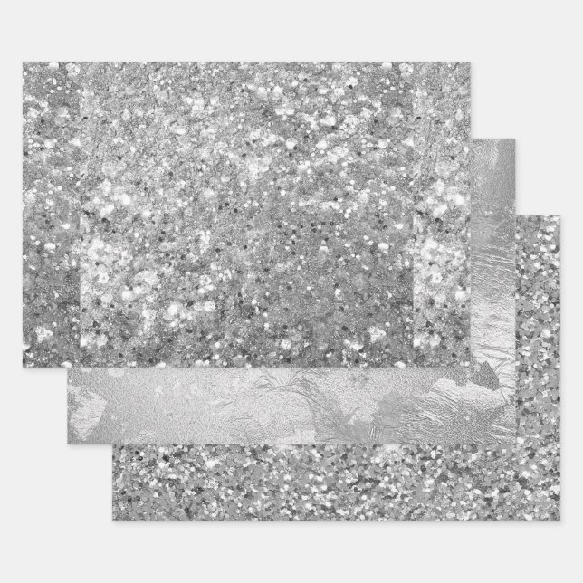 Glamorous Sparkling Silver Glitter & Foil Patterns Wrapping Paper Sheets (Set)
