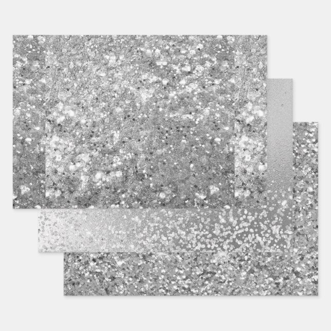 Glamorous Sparkling Silver Glitter Patterns Wrapping Paper Sheets (Set)