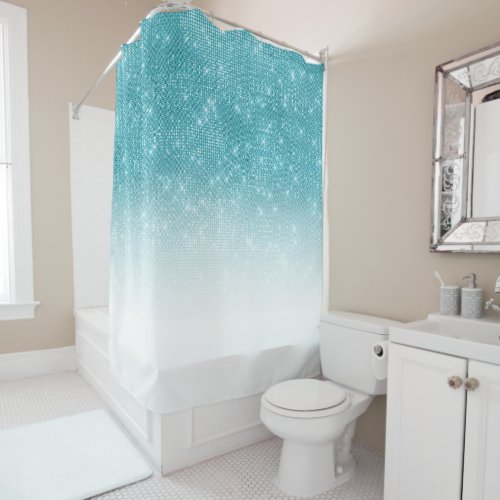 Glamorous Sparkly Aqua Blue Glitter Sequin Ombre Shower Curtain