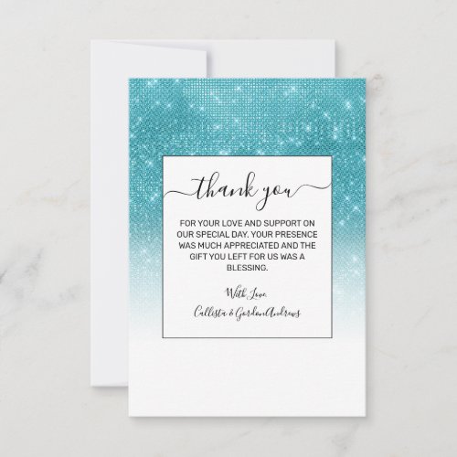 Glamorous Sparkly Aqua Blue Glitter Sequin Ombre Thank You Card