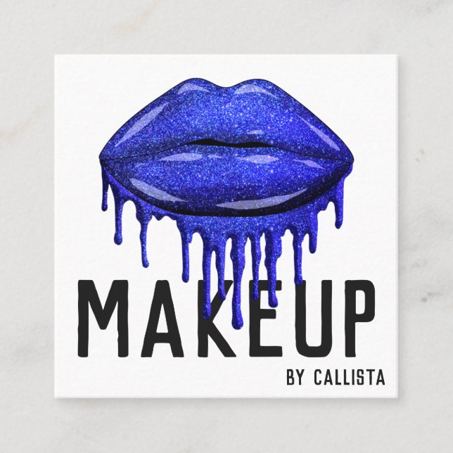 Glamorous Sparkly Blue Glitter Drips Lips Makeup Square Business Card (Front)