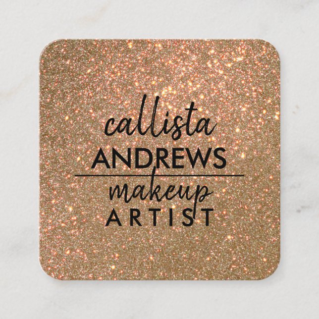 Glamorous Sparkly Gold Glitter Makeup Artist Square Business Card (Front)