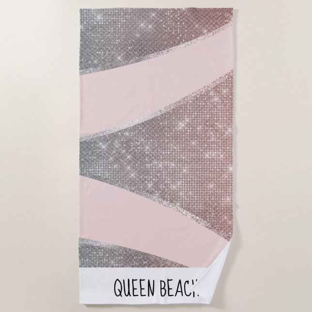 Glamorous Sparkly Silver Rose Gold Glitter Geo Beach Towel (Front)