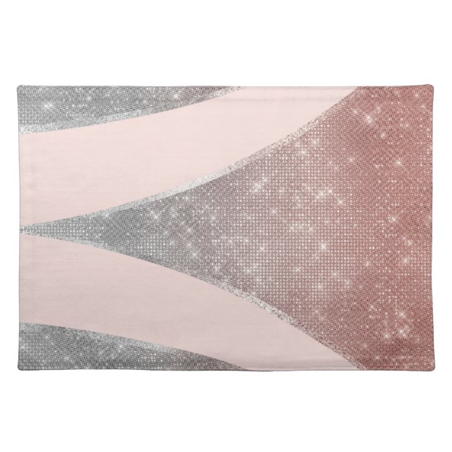 Glamorous Sparkly Silver Rose Gold Glitter Geo Cloth Placemat (Front)
