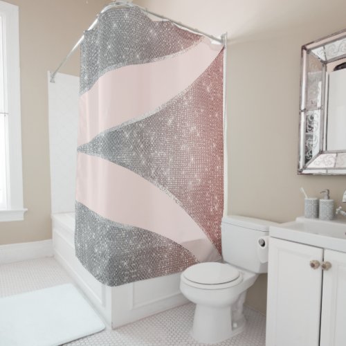 Glamorous Sparkly Silver Rose Gold Glitter Geo Shower Curtain