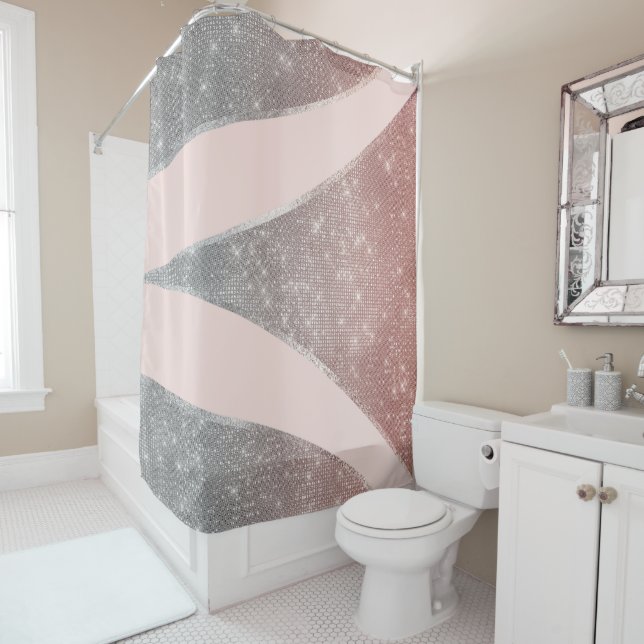 Glamorous Sparkly Silver Rose Gold Glitter Geo Shower Curtain (In Situ)