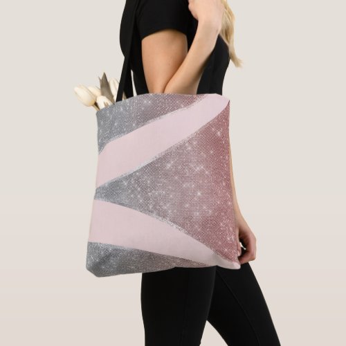 Glamorous Sparkly Silver Rose Gold Glitter Geo Tote Bag