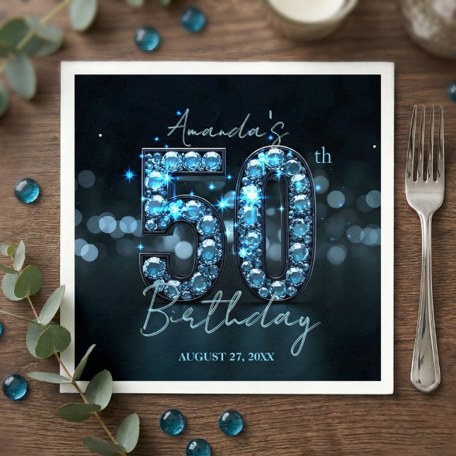 Glamorous Sparkly Teal Blue Diamonds 50th Birthday Napkins (Creator Uploaded)