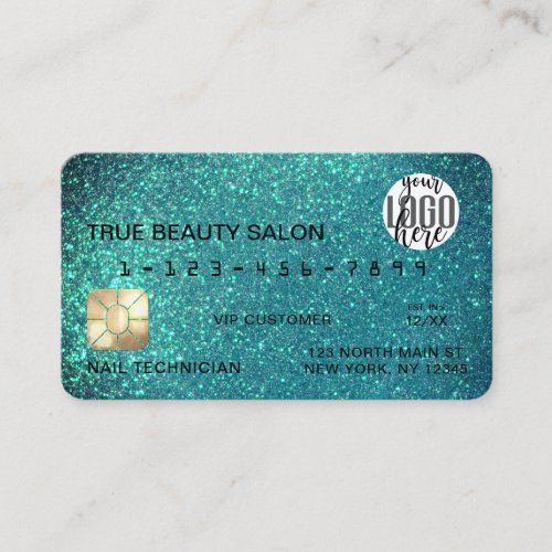 Glamorous Sparkly Teal Glitter Credit Card Logo