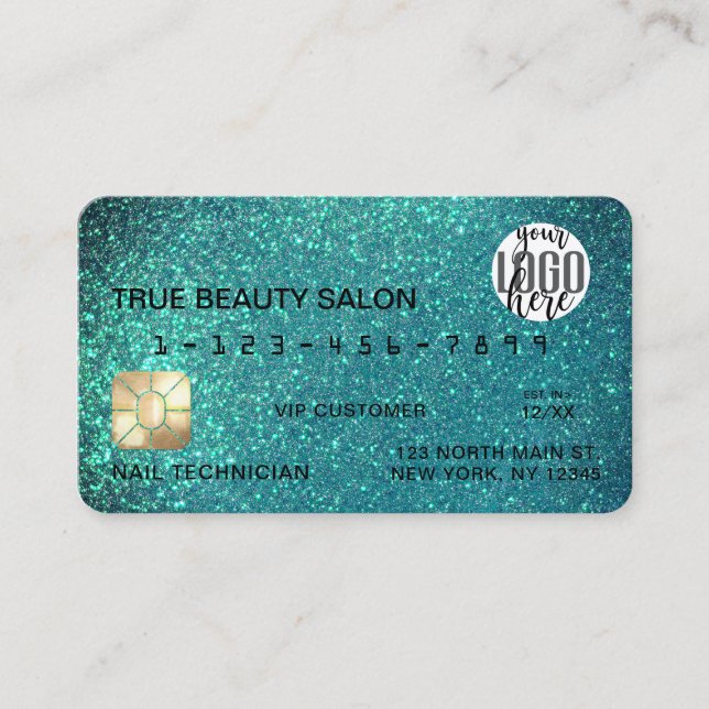 Glamorous Sparkly Teal Glitter Credit Card Logo (Front)