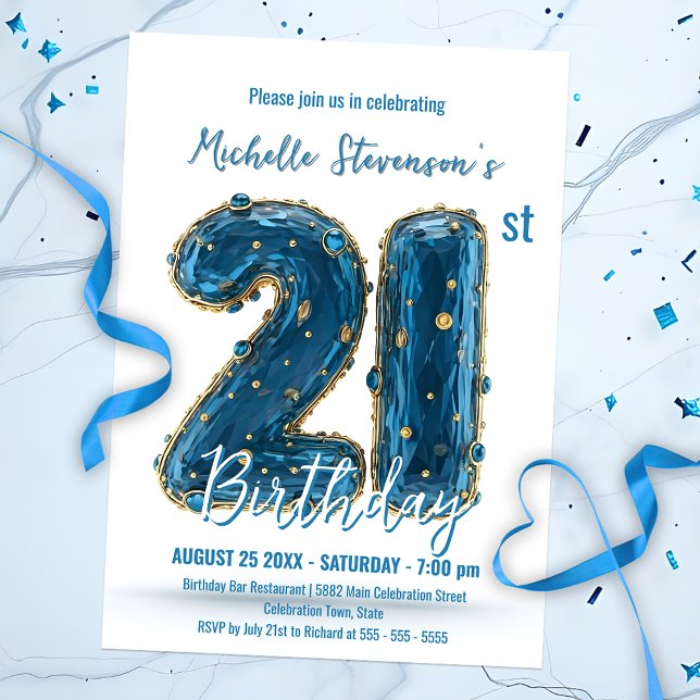 Glamorous Stylish Blue and Gold 21st Birthday Invitation (Creator Uploaded)