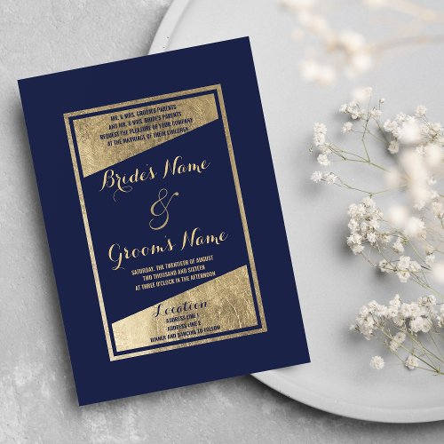 Glamorous Stylish Modern Navy Blue Gold Wedding Invitation Postcard