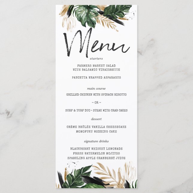 Glamorous Summer Greenery Tropical Wedding Menu (Front)