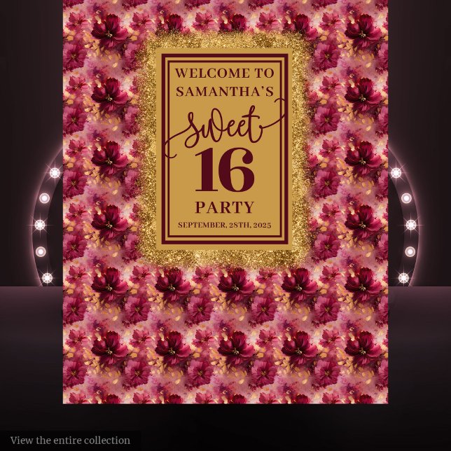 Glamorous Sweet 16 Blush Burgundy Gold Banner Tapestry (Glamorous Sweet 16 Blush Burgundy Gold Banner)