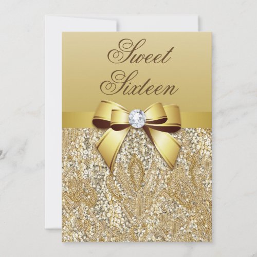 Glamorous Sweet 16 Faux Gold Sequins and Bow Invitation