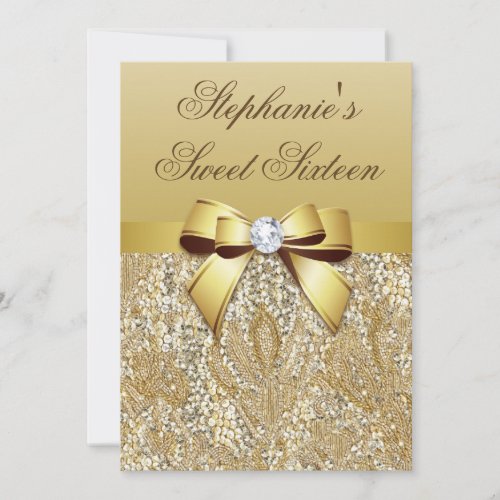 Glamorous Sweet 16 Faux Gold Sequins and Bow Invitation