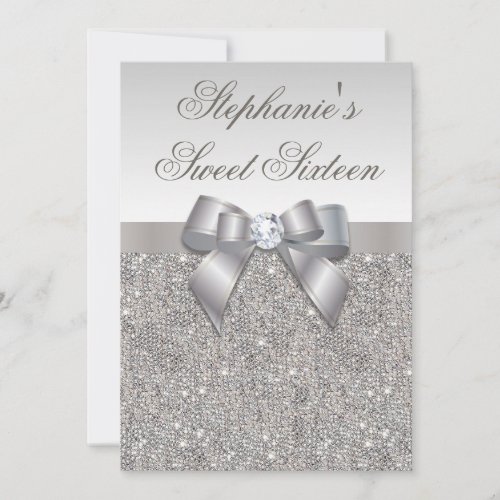 Glamorous Sweet 16 Faux Silver Sequins and Bow Personalized Invite