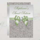 Glamorous Sweet 16 Faux Silver Sequins Green Bow Invitation (Front/Back)